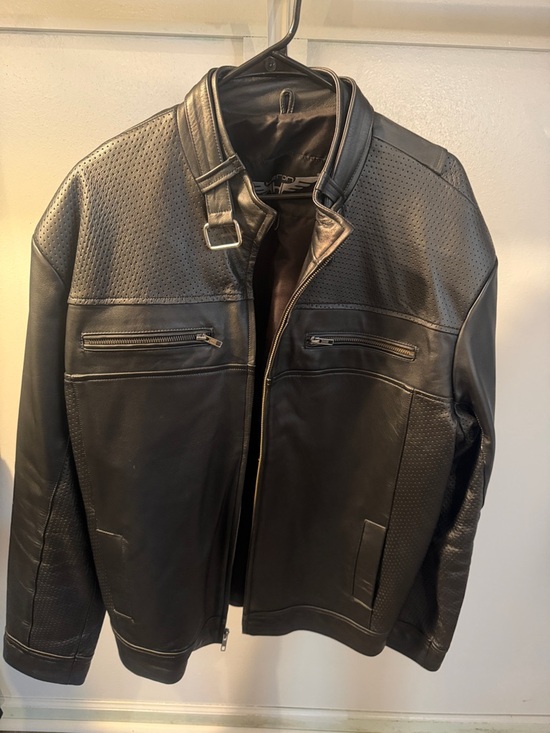 Heron Other - Men's Black Perforated Leather Bomber Jacket with Buckle Collar.